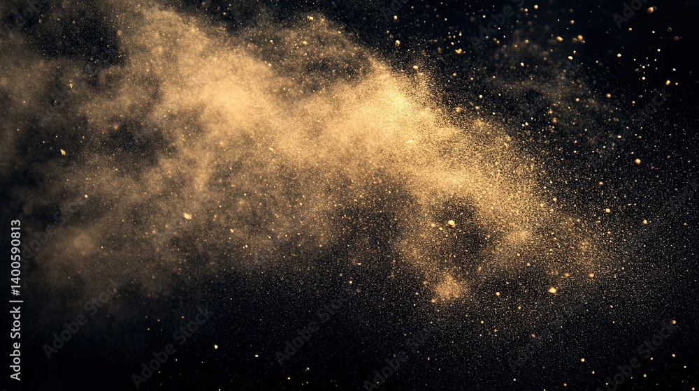 Poster golden abstract dust cloud explosion on black background creating ethereal feel
