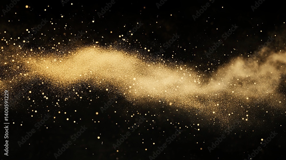 Poster abstract golden dust stream with particles floating on a black background