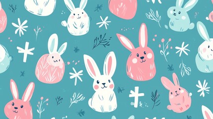 Cute Rabbits Seamless Pattern with Floral and Geometric Elements Illustration