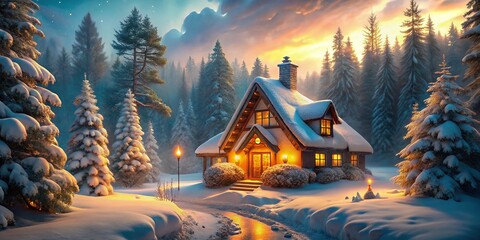 Fototapeta premium Cozy Christmas Cottage in Snowy Forest - Winter Wonderland Holiday Scene