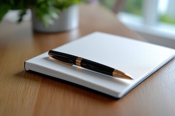 A minimalist composition featuring a sleek pen positioned elegantly on a pristine notebook, highlighting sophistication and simplicity in modern stationery aesthetics.