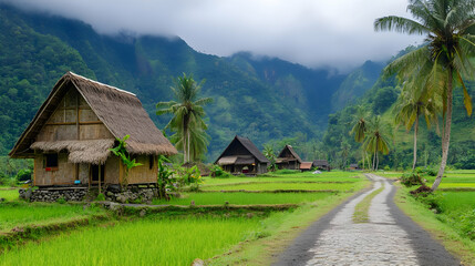 Obraz premium Idyllic Rural Village Scene with Thatched Huts Green Rice Paddies Lush Green Mountains Under a Partially Cloudy Sky In Countryside Landscape