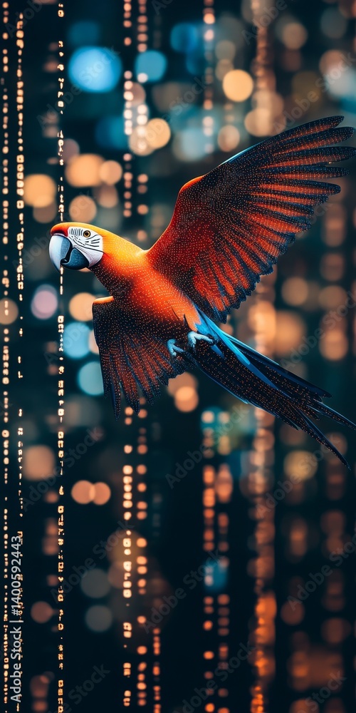 Poster scarlet macaw in flight, wings spread against a backdrop of blurred, glowing binary code