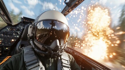 Pilot in Jet Cockpit with Explosions and Action in Background