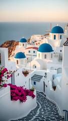 Whitewashed blue-domed buildings of the village of Oia on the Greek island of Santorini, Greece, with winding cobblestone streets and vibrant pink and purple bougainvillea flowers