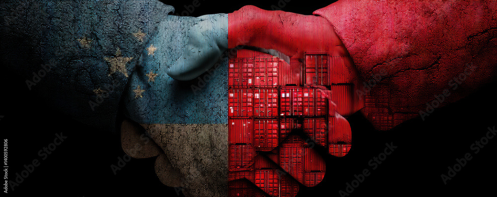 Aufkleber symbolic handshake representing cooperation between nations, featuring flags and shipping containers