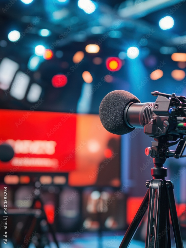 Aufkleber Live broadcast setup with microphone and breaking news banner captured during a critical news event