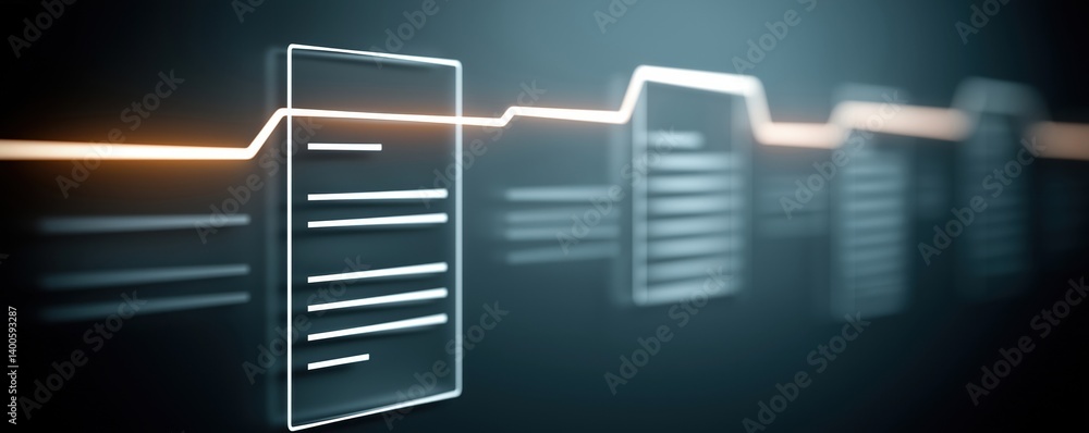 Poster a digital illustration of documents or files represented as lines and shapes against a dark backgrou