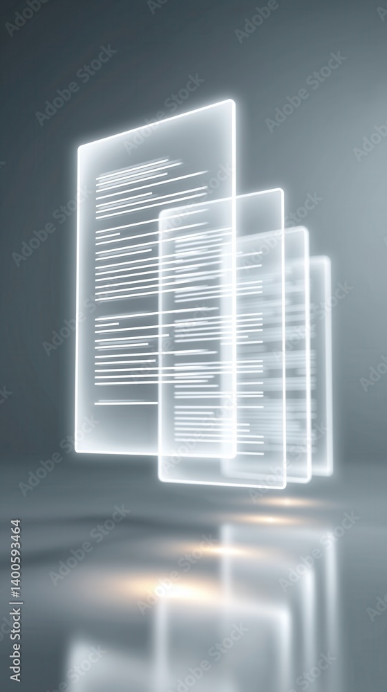 Poster a futuristic display of floating, translucent documents, symbolizing digital technology and modern c