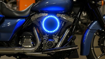 Fototapeta premium Blue motorcycle engine detail, illuminated ring, showroom background, transportation advertisement