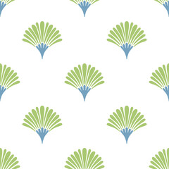 Hand drawn green scalloped leaves seamless pattern. Semi-circular fan shapes abstract flowers in a marine style on white background. Ideal for textiles, wallpapers, and interior decor