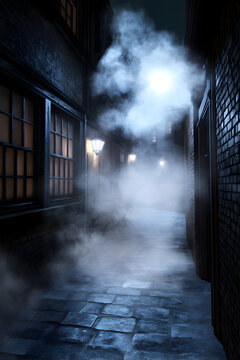 A dark alleyway leading to an old tavern, with fog swirling around the entrance and strange lights flickering inside.

