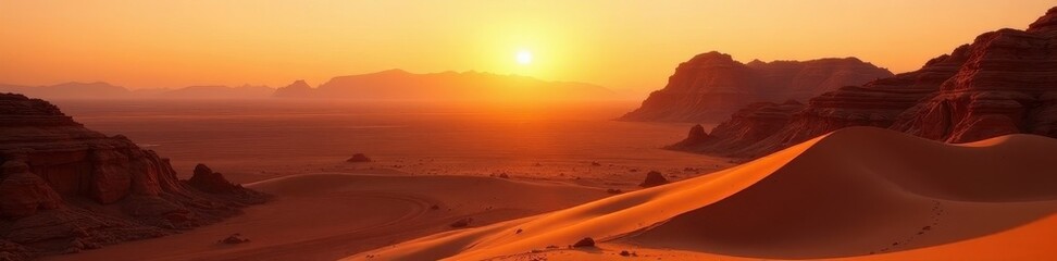 Naklejka premium Golden hour casts long shadows across Wadi Rum's sandstone mountains and dunes , Jordanian desert, shadow