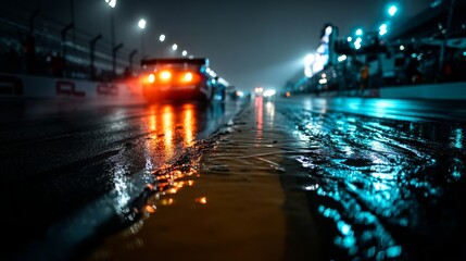 Obraz premium Night Race at Daytona with Neon Glow on Wet Asphalt and Streaking Car Lights 3D Cartoon, on Transparent Background