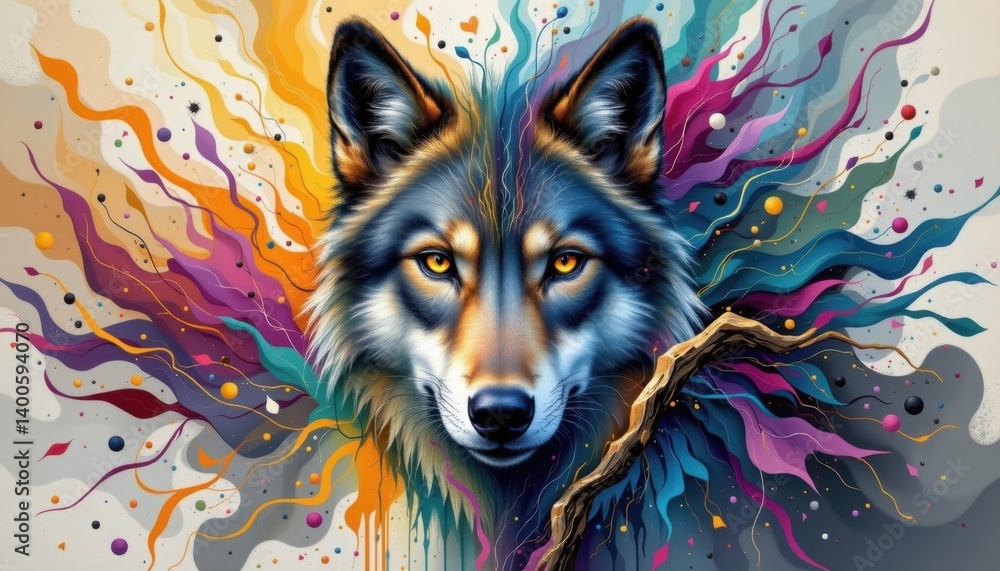 Poster a visionary portrait of a wolf expressed through abstract swirls of color, combining elements of nat