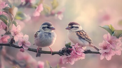 Fototapeta premium Two sparrows nestled amongst delicate pink blossoms.