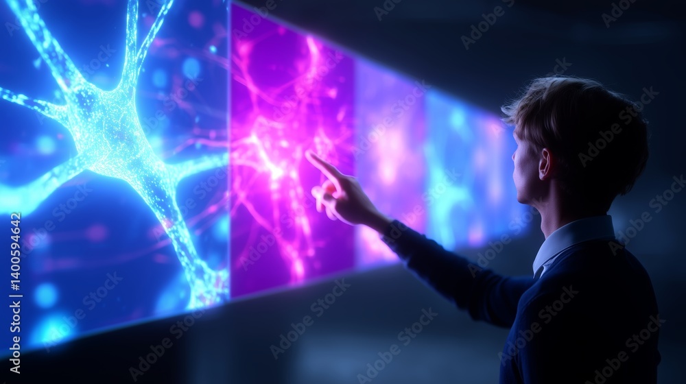 Poster young professional interacts with digital neural network visualization in modern laboratory setting