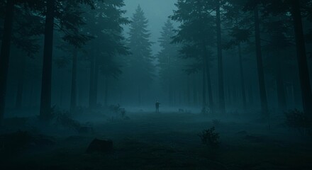 Fototapeta premium Mysterious figure standing in foggy forest at dusk 