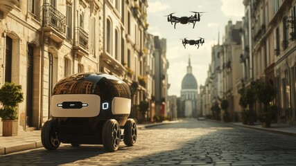 Fototapeta premium Delivery robot on a European city street, with delivery drones overhead.