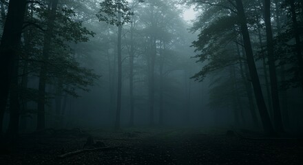 Fototapeta premium Mysterious foggy forest landscape with tall trees 