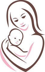 mother and baby stylized vector symbol, mom hugs her child illustration