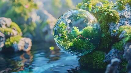 Crystal sphere holding miniature ecosystem by a serene stream. Lush greenery, vibrant flora, and tranquil water