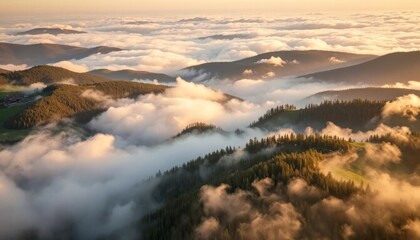 Obraz premium Misty mountain landscape at sunrise with rolling clouds 