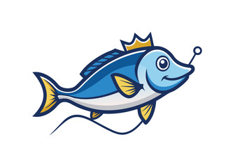 Fish icon with crown. King fish line style concept logo idea. Fish in doodle simple style on white background