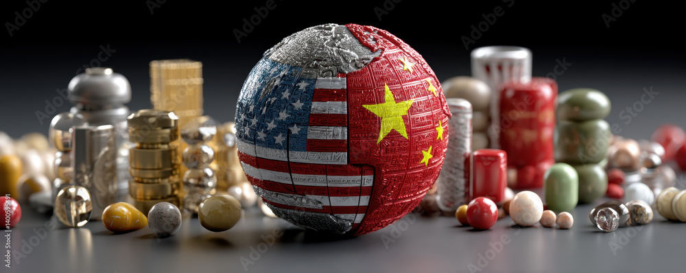 Aufkleber image features globe split between flags of united states and china, surrounded by various objects s