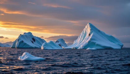 A dramatic scene of icebergs floating in a serene ocean, illuminated by the golden light of sunrise.