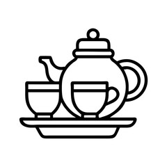 Outline teapot and cups vector illustration for tea time design elements and cafe menu icon