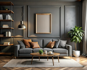 Interior of modern living room with dark gray wall. Black living room interior with black sofa and gold pendant lights. Mockup poster frame on the wall.
