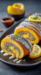 Lemon Poppy Seed Roll Cake Served on a Dark Plate With Slices of Lemon