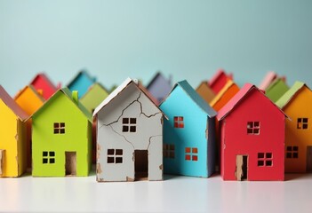 Cracked and Damaged Model House Among Colorful Intact Homes Representing Housing Inequality and Infrastructure Decay