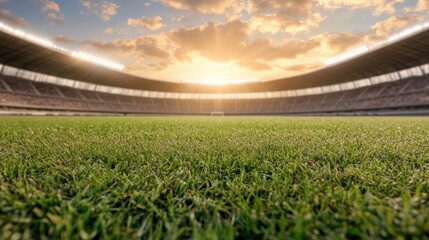 Vibrant Sunset Over Empty Football Stadium with Lush Green Grass