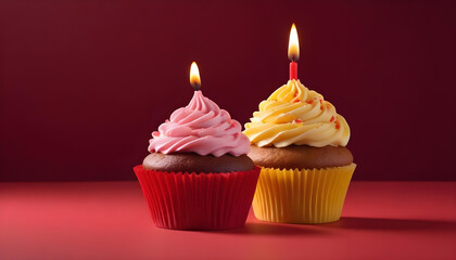Two cupcakes with pink and yellow frosting, lit candles, ideal for a birthday celebration.