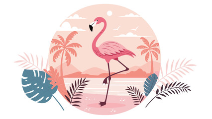 Flamingo on tropical beach with pastel sunset background