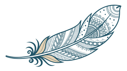 Decorative feather illustration in boho and ornamental style