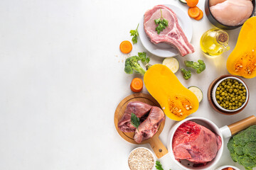 BARF food ingredients, healthy diet for animal background