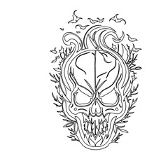 Ornate Skull with Bats Tattoo Design Sketch