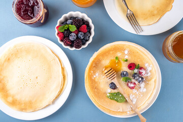 Traditional Maslenitsa food, Eastern European Slavic thin pancakes crepes
