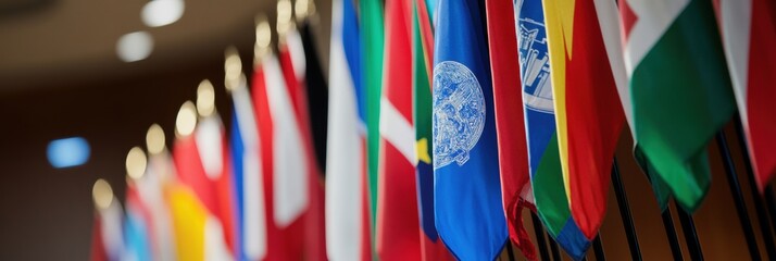 International conference on global diplomacy and politics with diverse country flags representing unity among nations