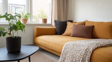 Fototapeta premium Cozy Living Room with Yellow Couch and Indoor Plants