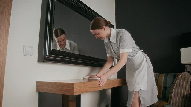 Housekeeper in uniform dusting wooden table under wall mirror in modern hotel room while performing daily cleaning service