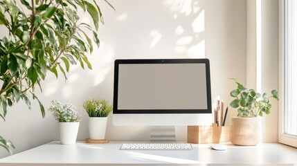 Modern Workspace with Computer and Indoor Plants for Inspiration
