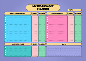 Colorful horizontal work sheet planner with task list, client details, deadline, and notes section for efficient work management on a cartoon purple background. Perfect for the freelancer and worker.