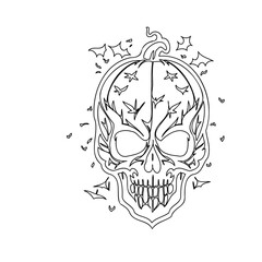 Fototapeta premium Outlined Halloween Pumpkin Skull with Flying Bats