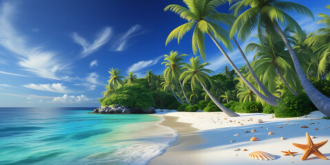Serene Tropical Beach with White Sand Palm Trees Turquoise Water and Starfish Under Clear Blue Sky
