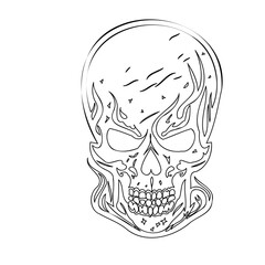 Flaming Skull Outline, Detailed Linear Illustration