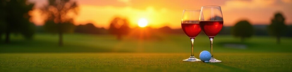 Sunset golf course, two wine glasses, golf balls , leisure, serenity, nature